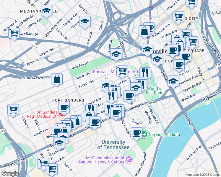 map of restaurants, bars, coffee shops, grocery stores, and more near in Knoxville