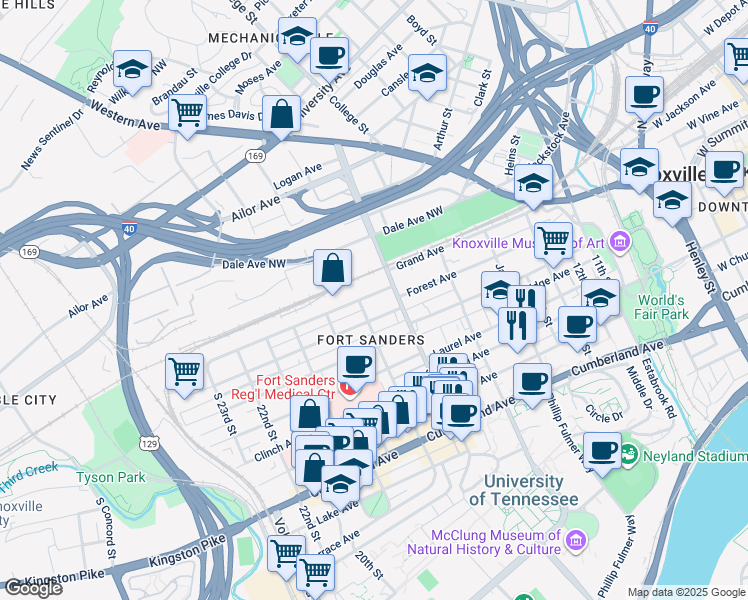 map of restaurants, bars, coffee shops, grocery stores, and more near 1714 Grand Avenue in Knoxville