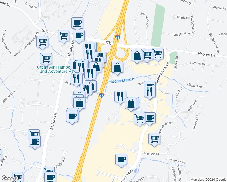 map of restaurants, bars, coffee shops, grocery stores, and more near 680 Bakers Bridge Avenue in Franklin