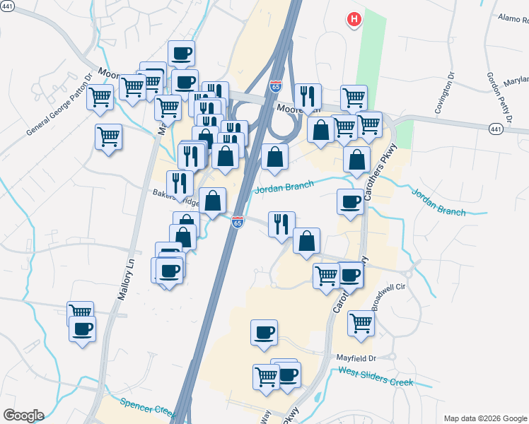 map of restaurants, bars, coffee shops, grocery stores, and more near 680 Bakers Bridge Avenue in Franklin