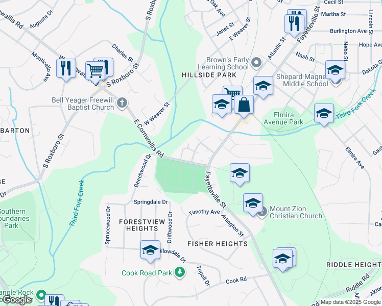 map of restaurants, bars, coffee shops, grocery stores, and more near 203 Atlantic Street in Durham