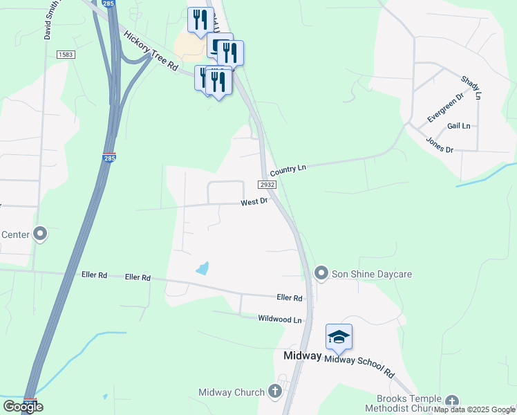 map of restaurants, bars, coffee shops, grocery stores, and more near 179 West Drive in Winston-Salem