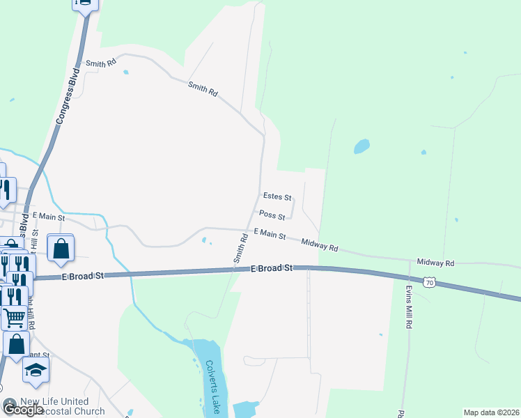 map of restaurants, bars, coffee shops, grocery stores, and more near 319 Smith Road in Smithville