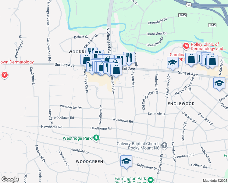 map of restaurants, bars, coffee shops, grocery stores, and more near 237 South Winstead Avenue in Rocky Mount