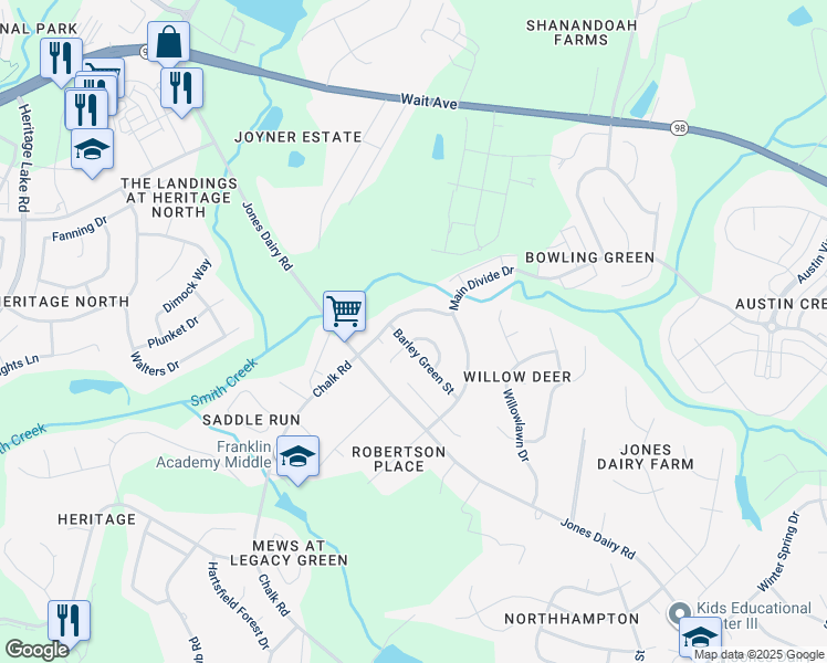 map of restaurants, bars, coffee shops, grocery stores, and more near 1505 Green Edge Trail in Wake Forest