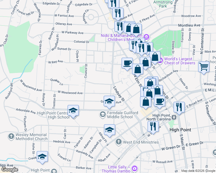 map of restaurants, bars, coffee shops, grocery stores, and more near 603 Quaker Lane in High Point