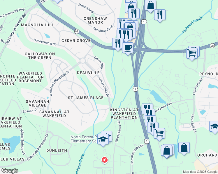 map of restaurants, bars, coffee shops, grocery stores, and more near 12100 Fox Valley St in Raleigh