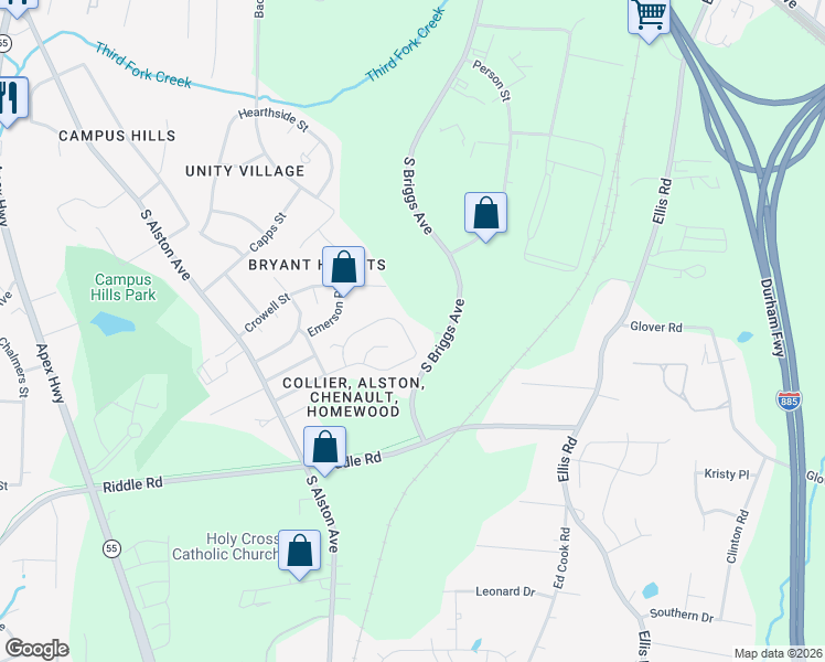 map of restaurants, bars, coffee shops, grocery stores, and more near 2020 Collier Road in Durham