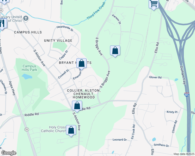 map of restaurants, bars, coffee shops, grocery stores, and more near 2020 Collier Road in Durham