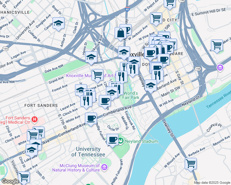 map of restaurants, bars, coffee shops, grocery stores, and more near in Knoxville