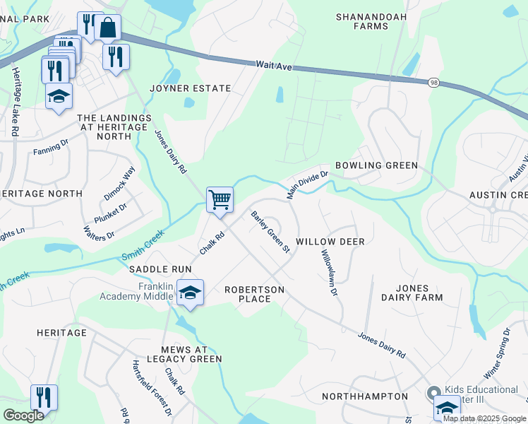 map of restaurants, bars, coffee shops, grocery stores, and more near 1505 Green Edge Trail in Wake Forest