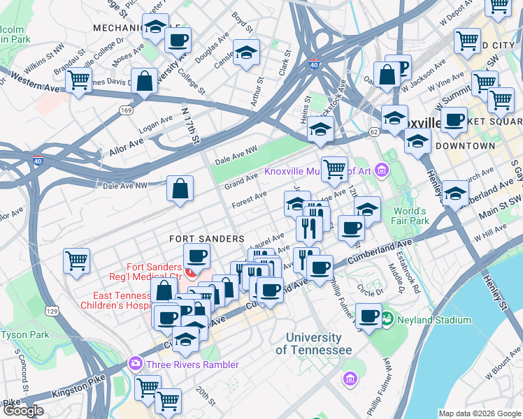 map of restaurants, bars, coffee shops, grocery stores, and more near 1628 Queen Anne Way in Knoxville