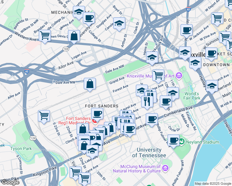 map of restaurants, bars, coffee shops, grocery stores, and more near 1632 Forest Ave in Knoxville