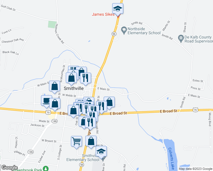 map of restaurants, bars, coffee shops, grocery stores, and more near 310 East Main Street in Smithville