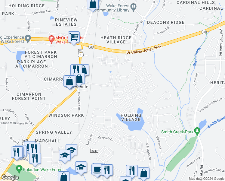 map of restaurants, bars, coffee shops, grocery stores, and more near 1408 Holding Village Way in Wake Forest
