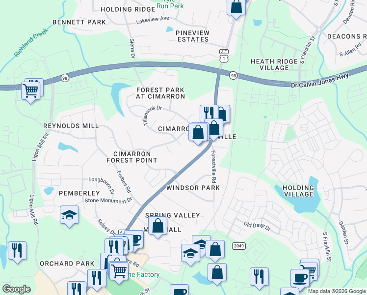 map of restaurants, bars, coffee shops, grocery stores, and more near 106 Carmel Woods Court in Wake Forest