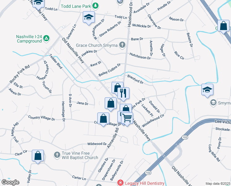map of restaurants, bars, coffee shops, grocery stores, and more near 11700 Old Nashville Highway in Smyrna