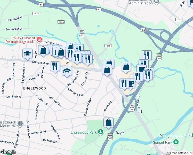 map of restaurants, bars, coffee shops, grocery stores, and more near 102 Wayne Street in Rocky Mount