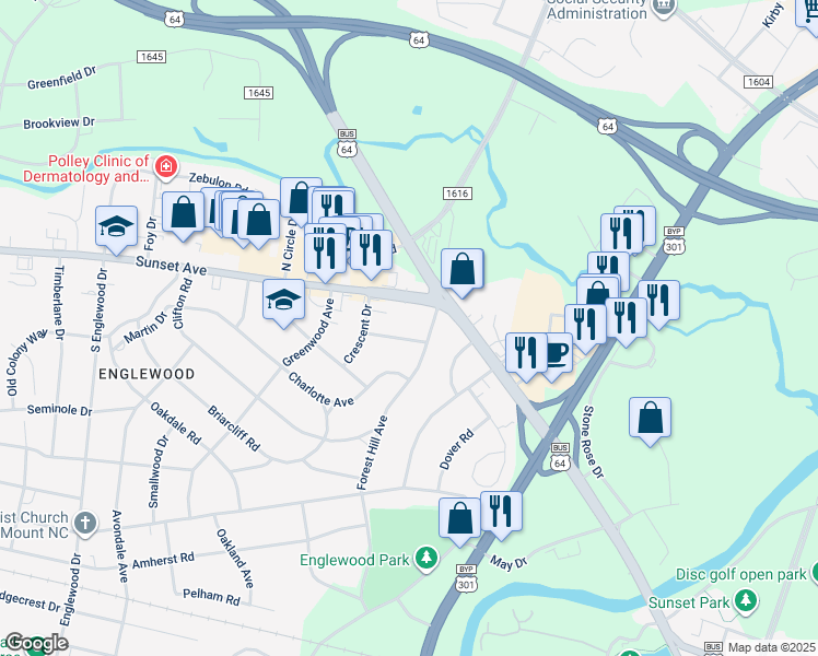 map of restaurants, bars, coffee shops, grocery stores, and more near 102 Wayne Street in Rocky Mount