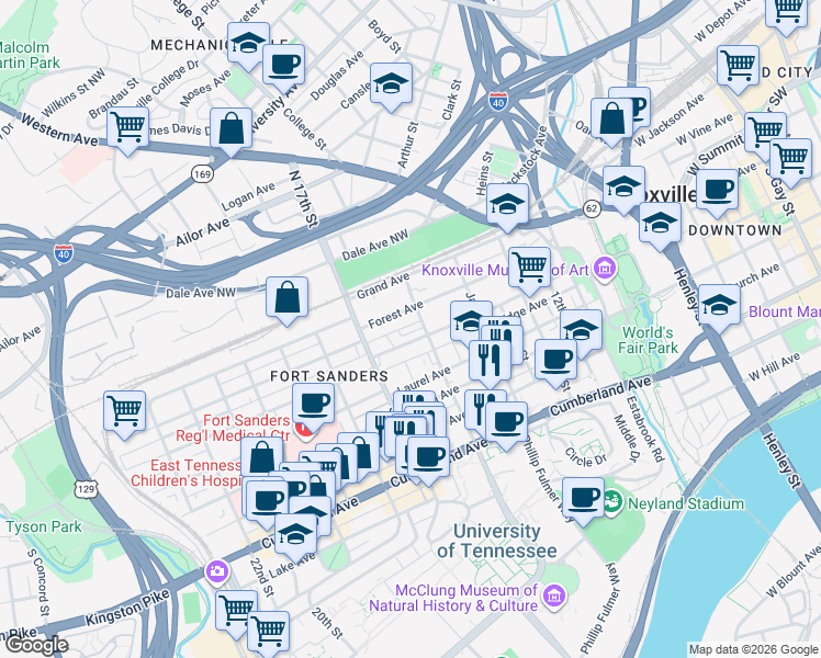 map of restaurants, bars, coffee shops, grocery stores, and more near 1607 Queen Anne Way in Knoxville
