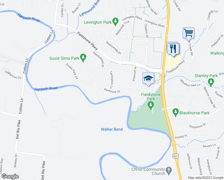 map of restaurants, bars, coffee shops, grocery stores, and more near 7000 Penbrook Drive in Franklin