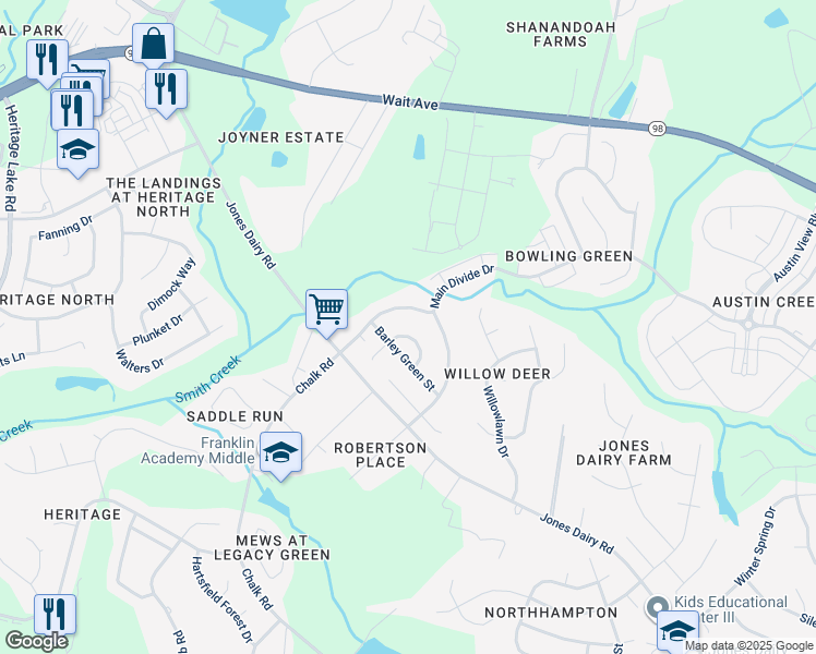 map of restaurants, bars, coffee shops, grocery stores, and more near 1513 Green Edge Trail in Wake Forest