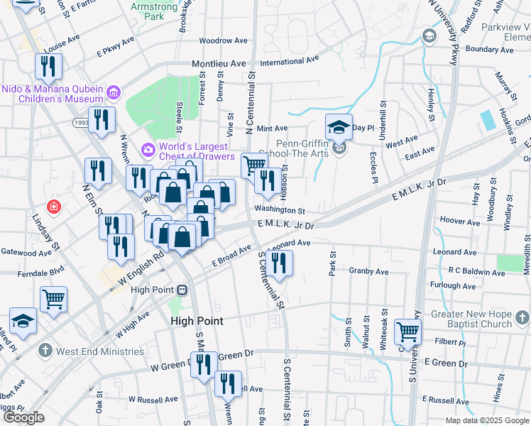 map of restaurants, bars, coffee shops, grocery stores, and more near 600 Washington Street in High Point