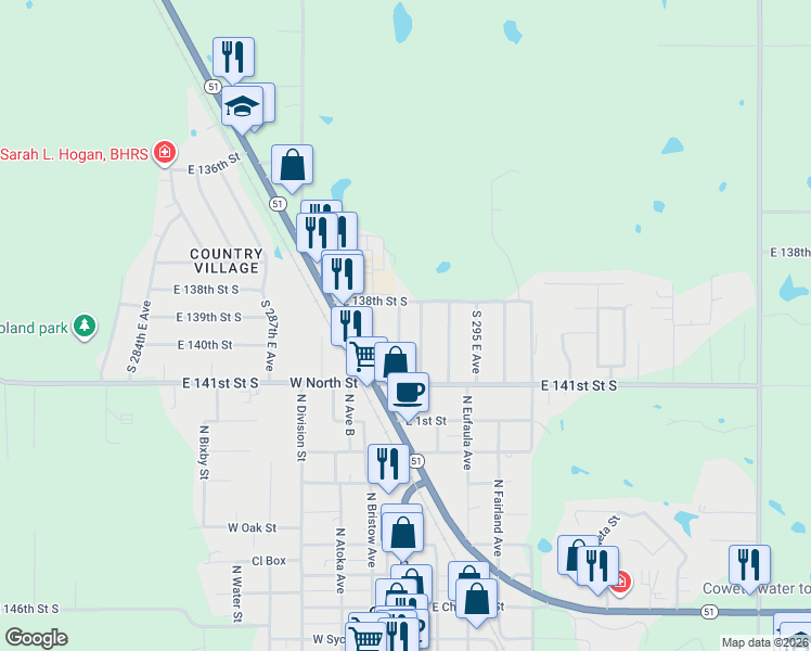 map of restaurants, bars, coffee shops, grocery stores, and more near 13855 South 292nd East Avenue in Coweta