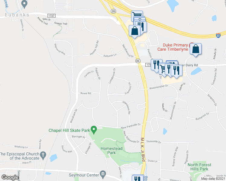 map of restaurants, bars, coffee shops, grocery stores, and more near 103 Macrae Court in Chapel Hill