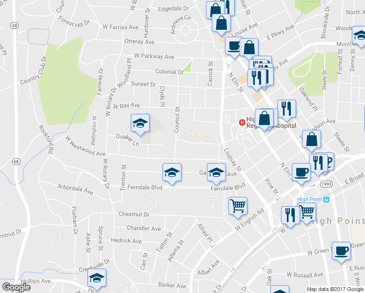 map of restaurants, bars, coffee shops, grocery stores, and more near 629 Quaker Lane in High Point