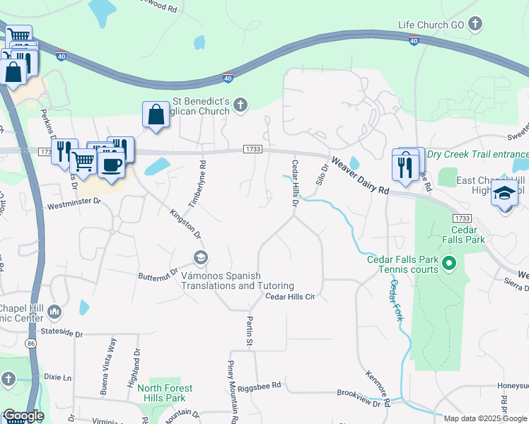 map of restaurants, bars, coffee shops, grocery stores, and more near 119 Cross Creek Drive in Chapel Hill