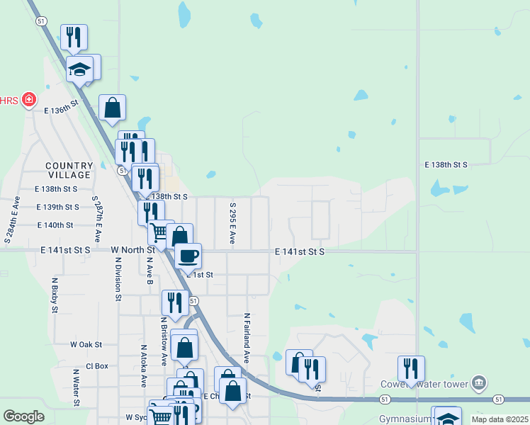 map of restaurants, bars, coffee shops, grocery stores, and more near 13848 South 297th East Avenue in Coweta