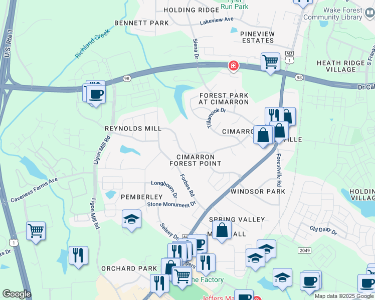 map of restaurants, bars, coffee shops, grocery stores, and more near 314 Amherst Creek Drive in Wake Forest