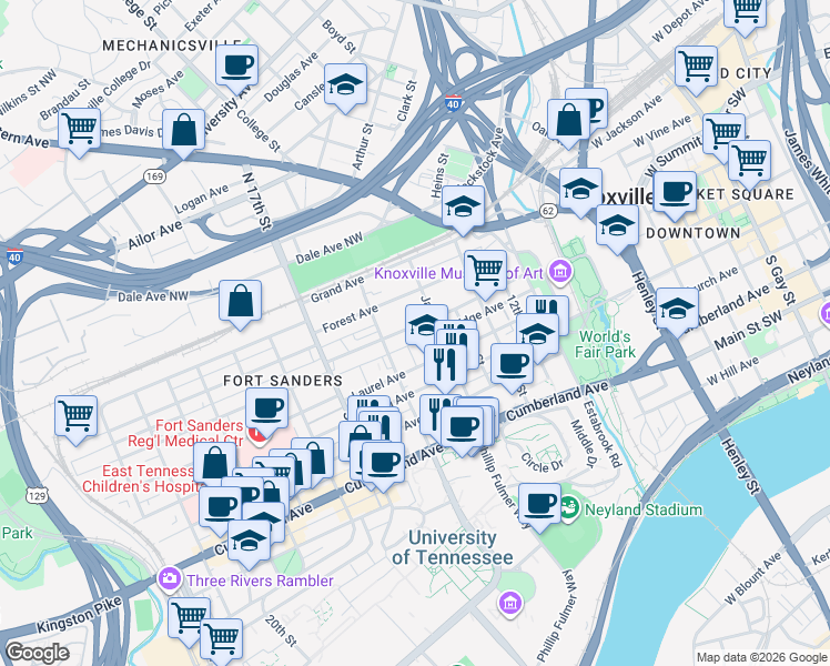 map of restaurants, bars, coffee shops, grocery stores, and more near 1520 Highland Avenue in Knoxville