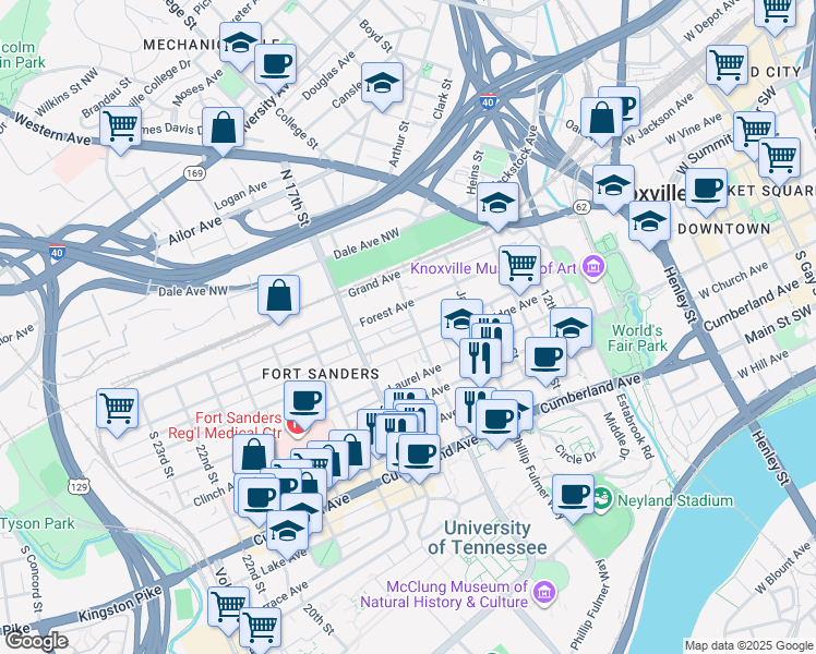 map of restaurants, bars, coffee shops, grocery stores, and more near 1628 Queen Anne Way in Knoxville