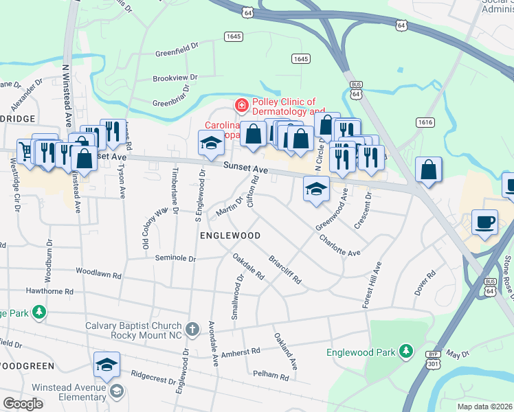 map of restaurants, bars, coffee shops, grocery stores, and more near 412 Clifton Road in Rocky Mount