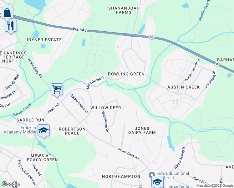 map of restaurants, bars, coffee shops, grocery stores, and more near 6332 Willowdell Drive in Wake Forest