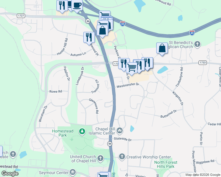 map of restaurants, bars, coffee shops, grocery stores, and more near 1620 Martin Luther King Junior Boulevard in Chapel Hill