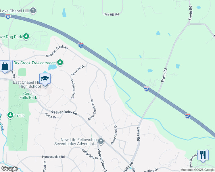 map of restaurants, bars, coffee shops, grocery stores, and more near 112 Swift Run in Chapel Hill