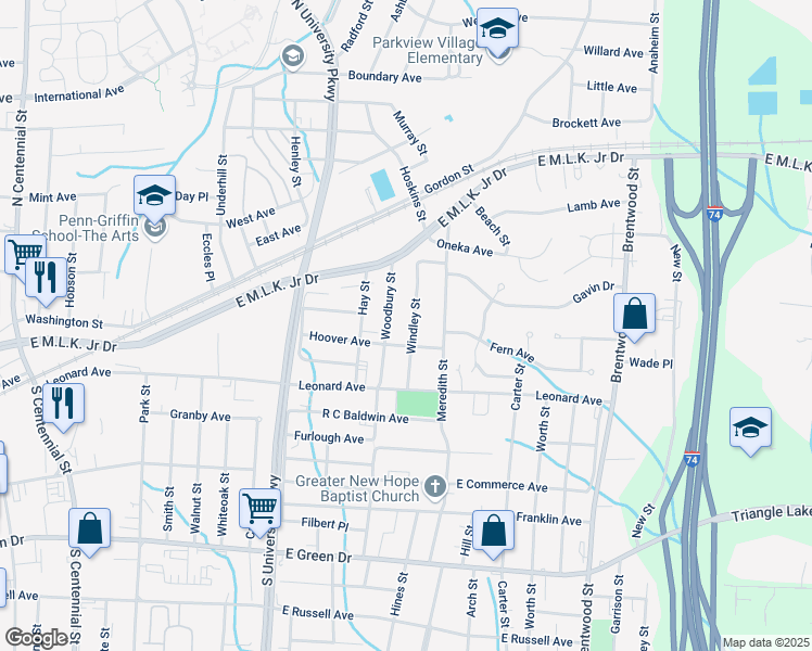 map of restaurants, bars, coffee shops, grocery stores, and more near 227 Woodbury Street in High Point