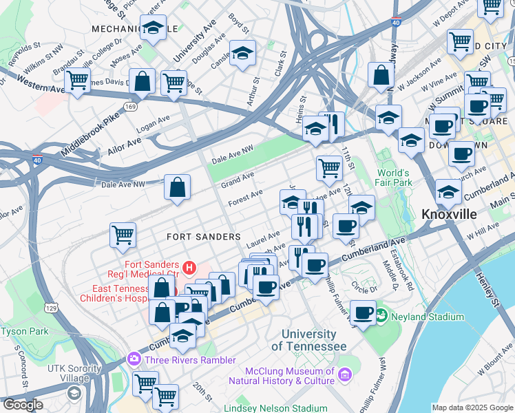 map of restaurants, bars, coffee shops, grocery stores, and more near 1603 Queen Anne Way in Knoxville