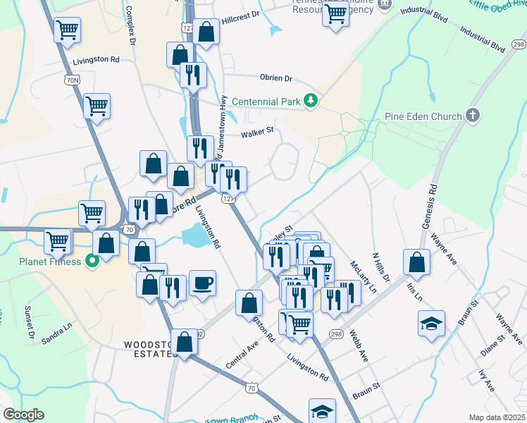 map of restaurants, bars, coffee shops, grocery stores, and more near 11 Vaughn Drive in Crossville