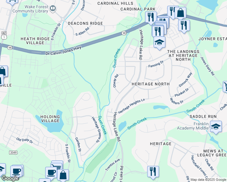 map of restaurants, bars, coffee shops, grocery stores, and more near 516 Otway Road in Wake Forest
