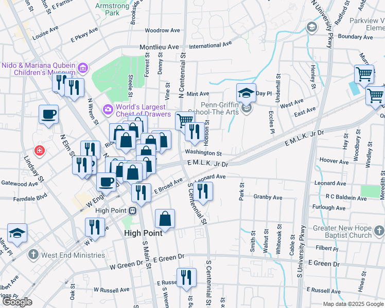 map of restaurants, bars, coffee shops, grocery stores, and more near 600 Washington Street in High Point