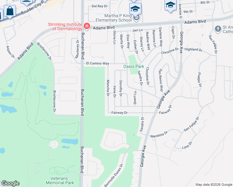 map of restaurants, bars, coffee shops, grocery stores, and more near 1527 Irene Drive in Boulder City