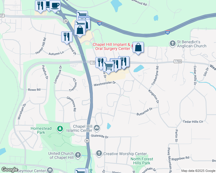 map of restaurants, bars, coffee shops, grocery stores, and more near 200 Westminster Drive in Chapel Hill