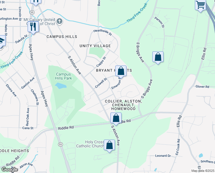 map of restaurants, bars, coffee shops, grocery stores, and more near 2213 Wintergreen Place in Durham