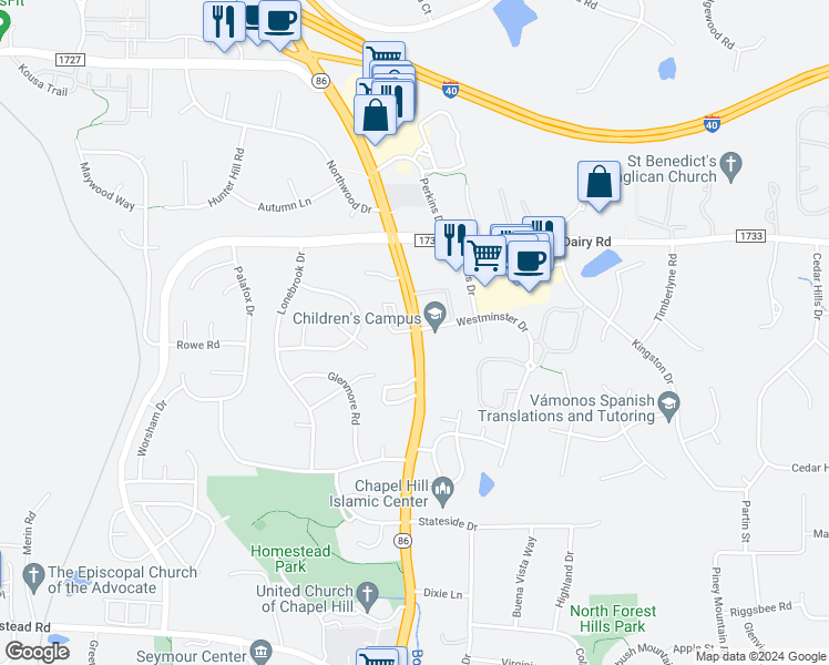 map of restaurants, bars, coffee shops, grocery stores, and more near 1826 Martin Luther King Junior Boulevard in Chapel Hill