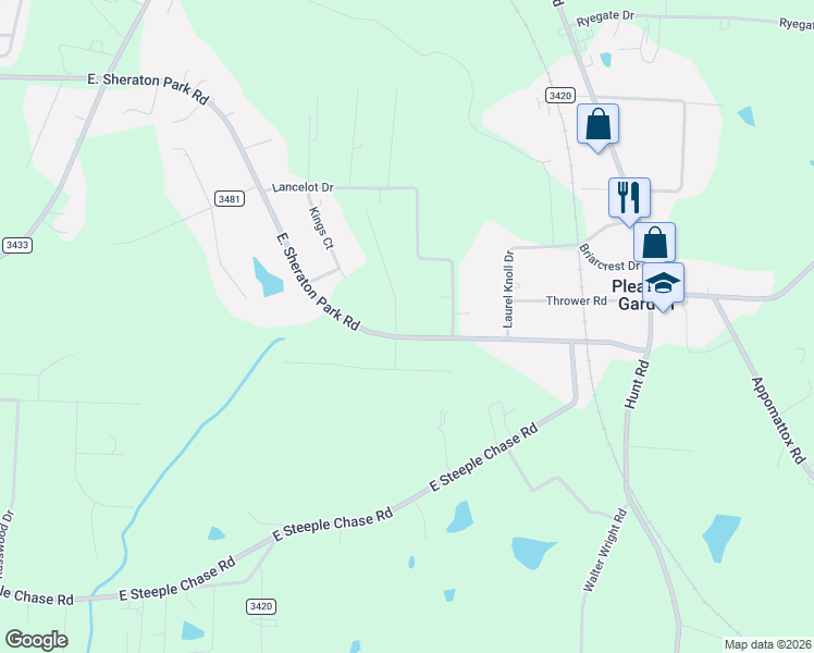 map of restaurants, bars, coffee shops, grocery stores, and more near 701 East Sheraton Park Road in Pleasant Garden