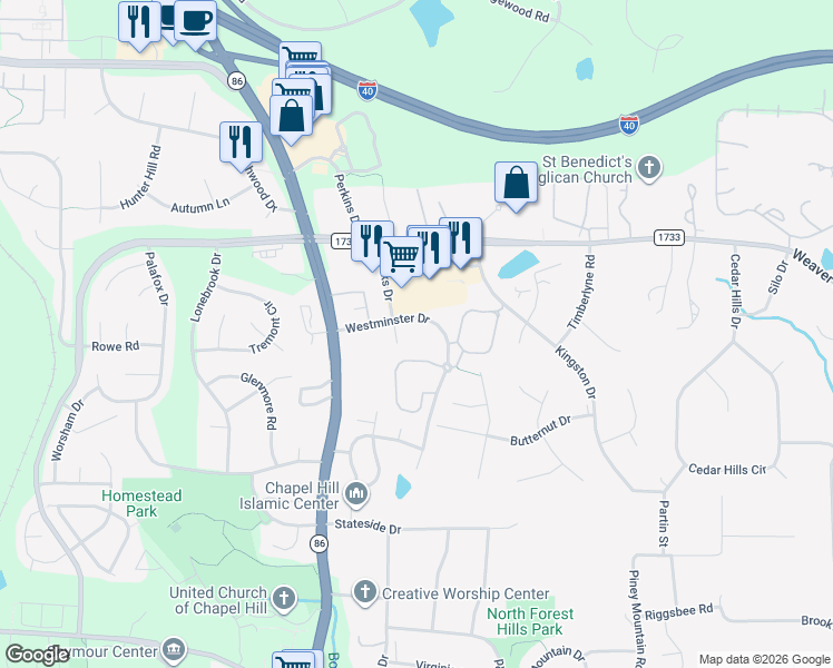 map of restaurants, bars, coffee shops, grocery stores, and more near 200 Westminster Drive in Chapel Hill